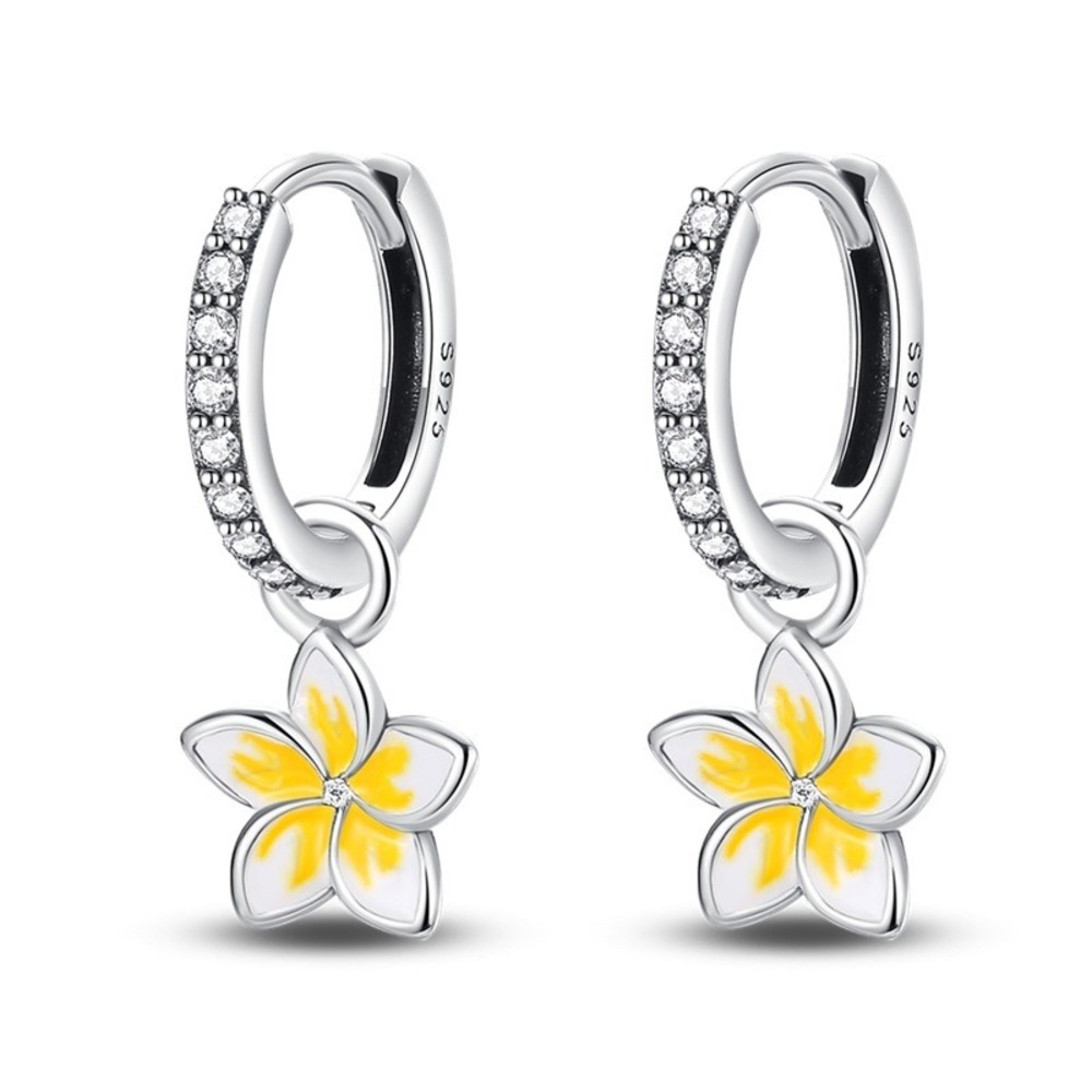 S925 Silver Hoop Earrings‎ with Yellow Plumeria Tropical Flower Charm Dangle